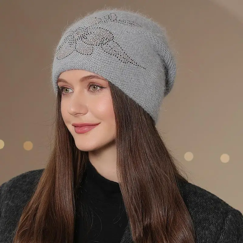 New Women Winter Hat Fashion Decorate Beanie Hat Rabbit Fur Blend Warm Winter Cap For Female Casual Streetwear Knitted Hat