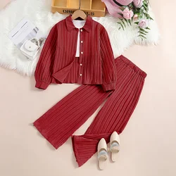 For 8-12 Years Girls Long Sleeve Coat & Pants Solid Color Korean Style Suits Casual Children's Top And Bottom Clothes Sets