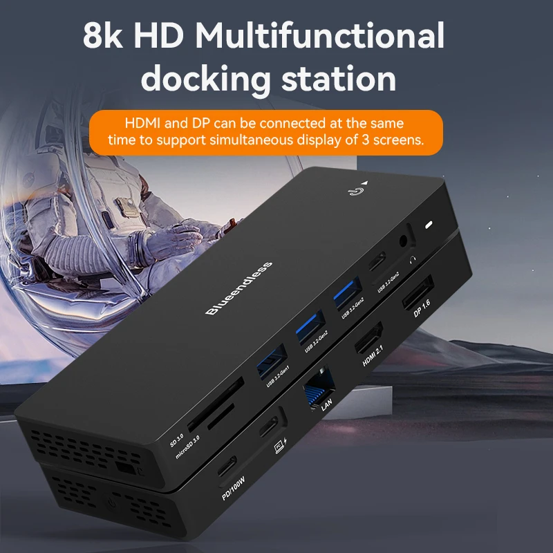 Blueendless 8K Dual HDMI DP Docking Station USB C HUB USB 3.2 GEN 2 SD/TF 100W PDRJ45 Ethernet 3.5mm Audio Adapter For MacBook