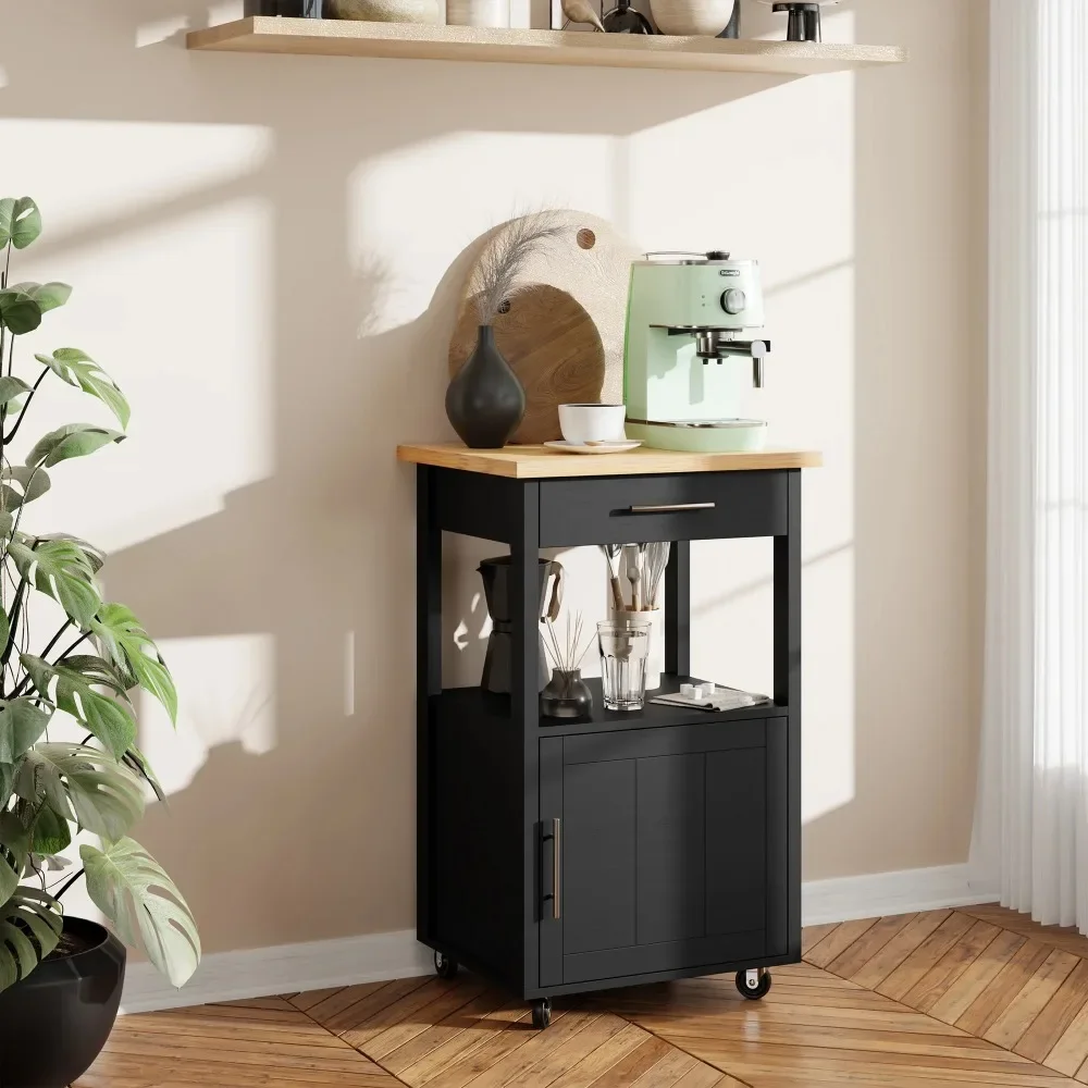

Kitchen Island on Wheels with Storage, Kitchen Cart with Drawer and Countertop, Single Door Rolling Storage Cabinet Black