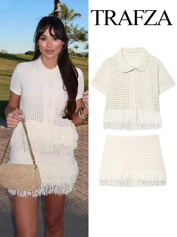 

TRAFZA Women Mini Skirts Set Single-breasted Fringe Decorate Short Sleeve Lapel Tops+A-Line High Waist Skirt Women Knitted Suits