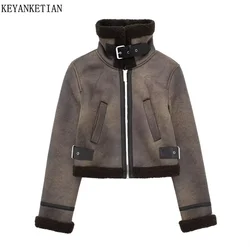 KEYANKETIAN Winter New Women's Suede Texture Double Faced Fur Thick Coat American Retro Belt Accessory Zip-up Thermal Jacket Top