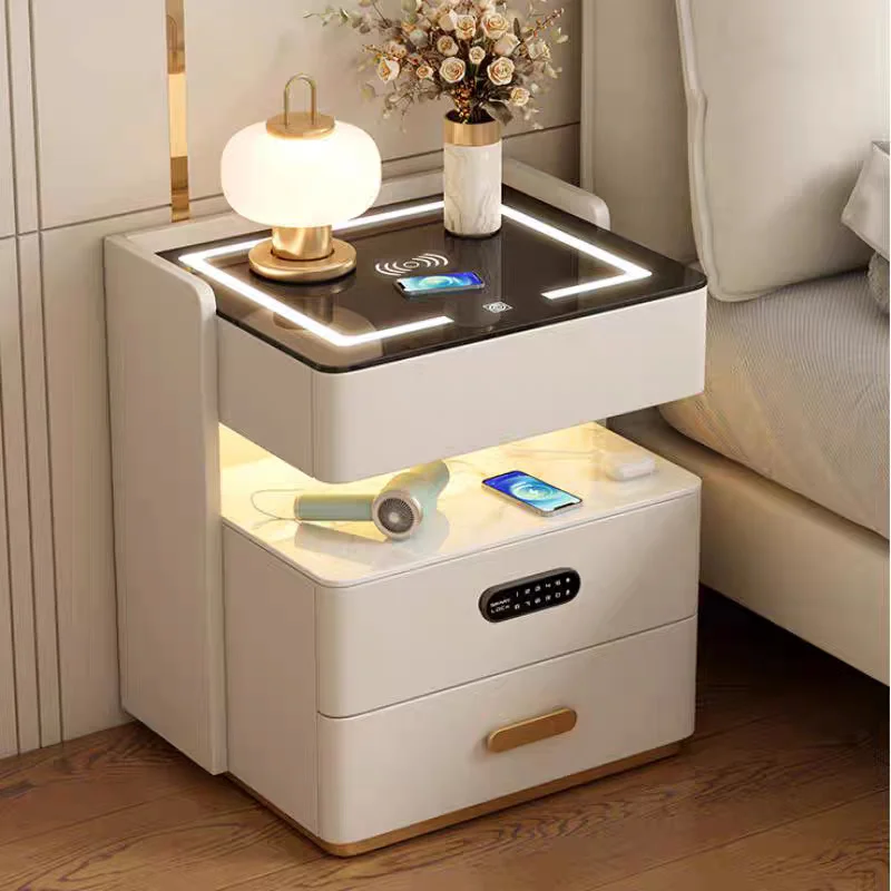 Luxury High-Quality Bedside Table with Smart Wireless Charger and Built-in Light Wooden Bedside Table for Bedroom