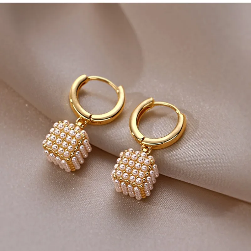 2023 Korean New Design Fashion Jewelry 14K Gold Plated Square Full Pearl Earrings Elegant Women\'s Daily Work Accessories