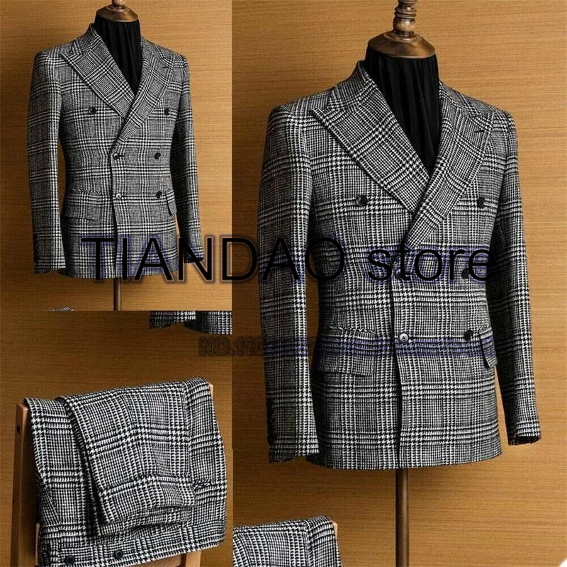 Plaid Men's Suit 2 Piece Double Breasted Point Lapel Jacket Set Business Office Workwear Wedding Tuxedo Male Blazer