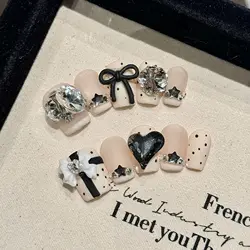Handmade Press on Nails Black Bowknot Decor French Fake Nails for Women Girl Wearable Rhinestone Design Short False Nail Tips