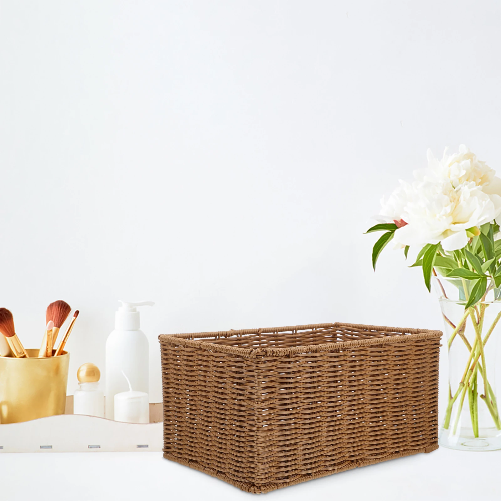 

Simulated Rattan Woven Basket Premium Plastic Fruit Bread Storage Basket Handwoven Multi-Purpose Kitchen Organizer