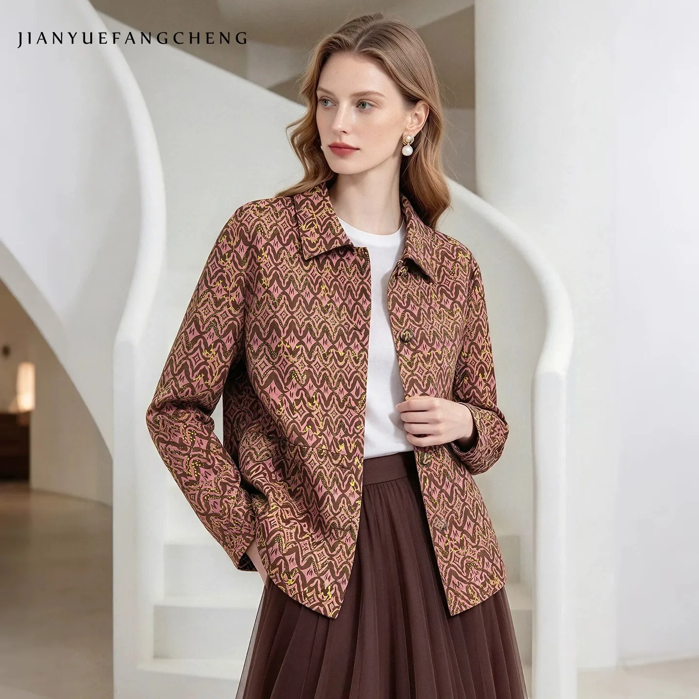 2026 Fall New Women' Fashion Wave Geometric Jacquard Casual Jacket Retro Style Female Short Coat Windbreaker Jackets