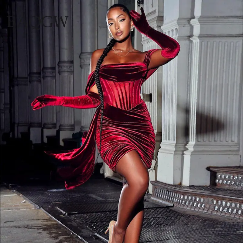 Burgundy Draping Off Shoulder Corset Dress Sexy Velvet Slim Bodycon Mini Dress Women Short Sleeve Evening Dresses with Gloves