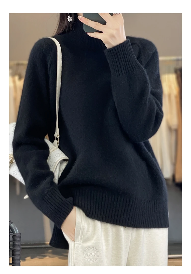 High-Necked Cashmere Sweater for Women, Autumn and Winter, 100% Cashmere, Slit, Lazy Raglan Sweater, Thickened with Soft Waxy Wo