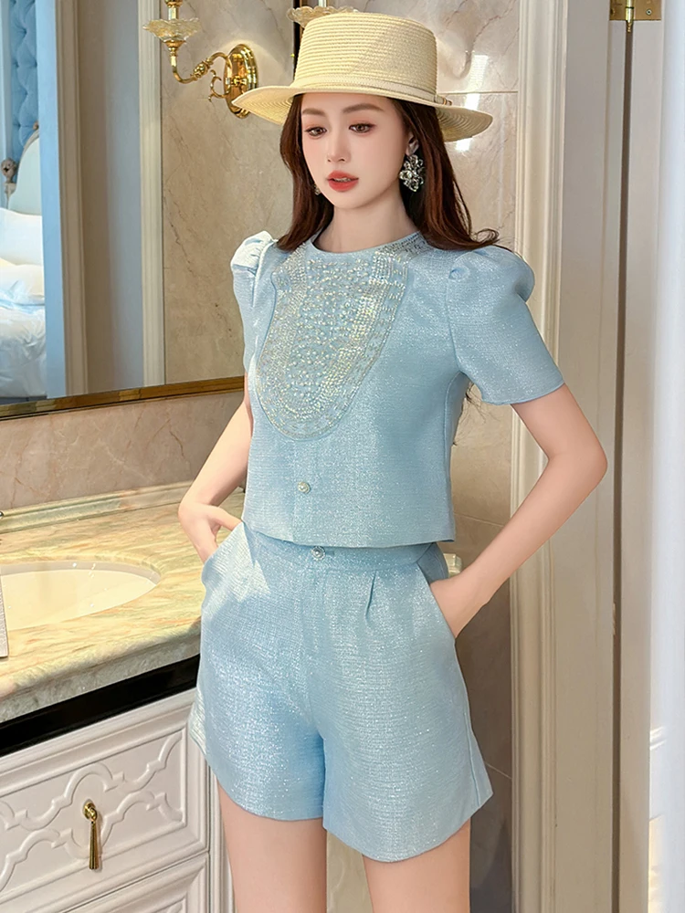 Elegant Fashionable 2 Pieces Outfits Women Sweet Exquisite Blue Diamonds Short Crop Tops Blouse Shorts Pants Sets Party Clothes