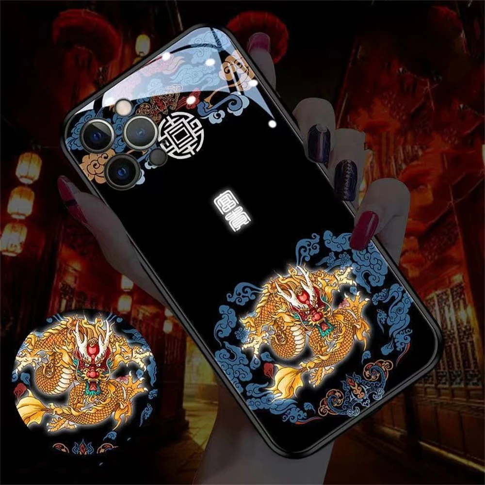 

China Traditional Culture Sound Control LED Flash Cases Luminous Glass Cover For Samsung S25 S24 S23 S22 S21 S20 FE Plus Ultra