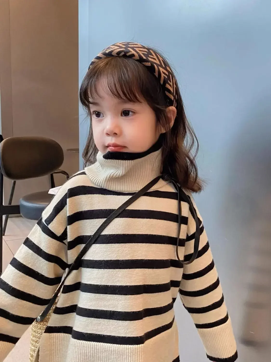 Childrens Sets Clothing Girls Knitting Autumn New Korean Fashion Stripe High Collar Sweater Wide Leg Pants Two Piece Set