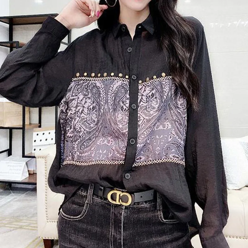 Blus Single-Breasted Patchwork Vintage Mode Pakaian Wanita Musim Semi Kemeja Kerah Turn-Down Lengan Panjang Longgar Cocok untuk Semua