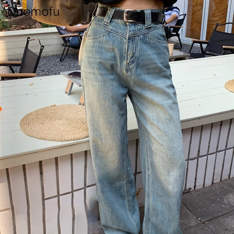 Duomofu Spring Chic High Waist Slim Straight Female Jeans New Classic Full Length Loose Casual Fashion Washed Loose Women Jeans