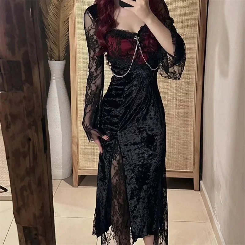 Korean Style Lace Splice Design Sensual Midi Dress Women's Slim Fit Summer New Pure Desire Fashion Dress Female Dresses