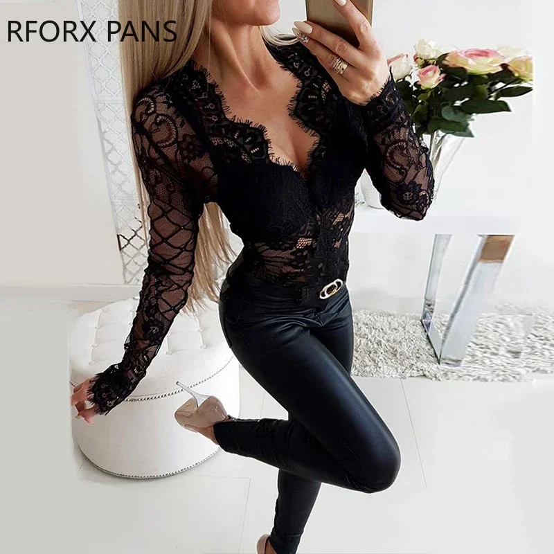 Sheer Eyelash Lace Long Sleeve Bodysuit Long Sleeve Women Tops