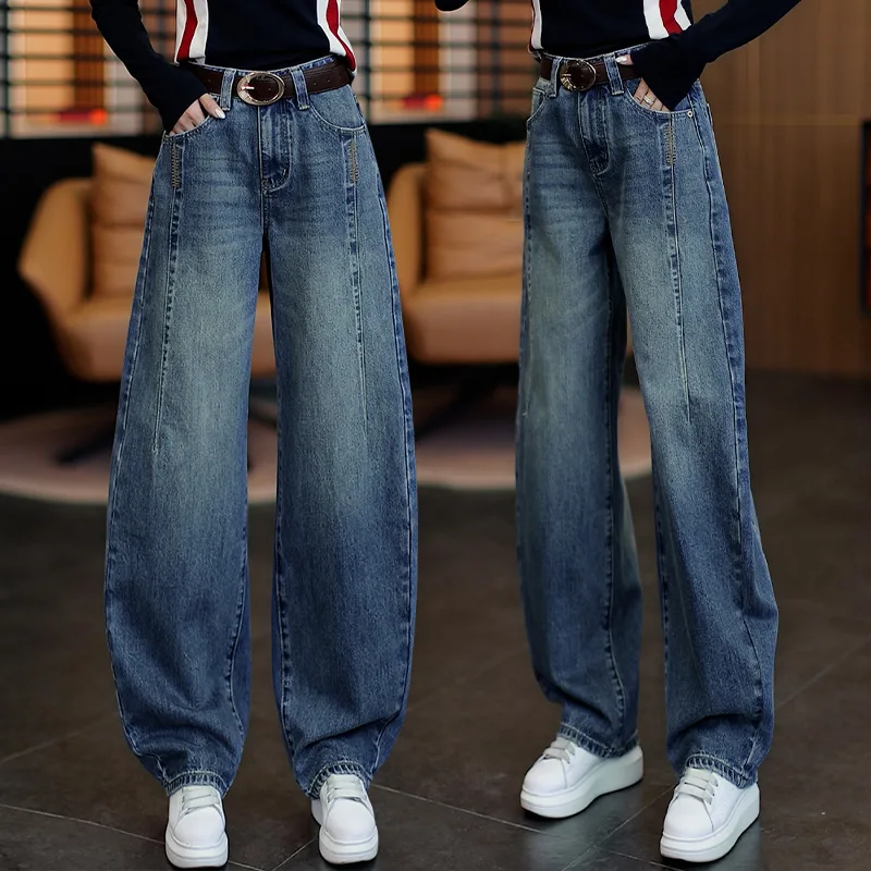 

Синие женские джинсы Scimitar, осенние новые утягивающие прямые брюки с высокой талией, широкие брюки-банан с вышивкой в стиле пэчворк