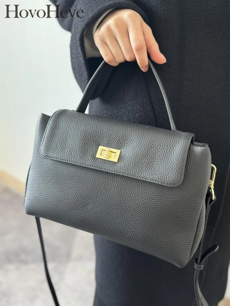 

New Office Ladies Retro Cowskin Genuine Leather Designer Real Leather Single Shoulder Underarm Bag Casual Hasp Crossbody Bags