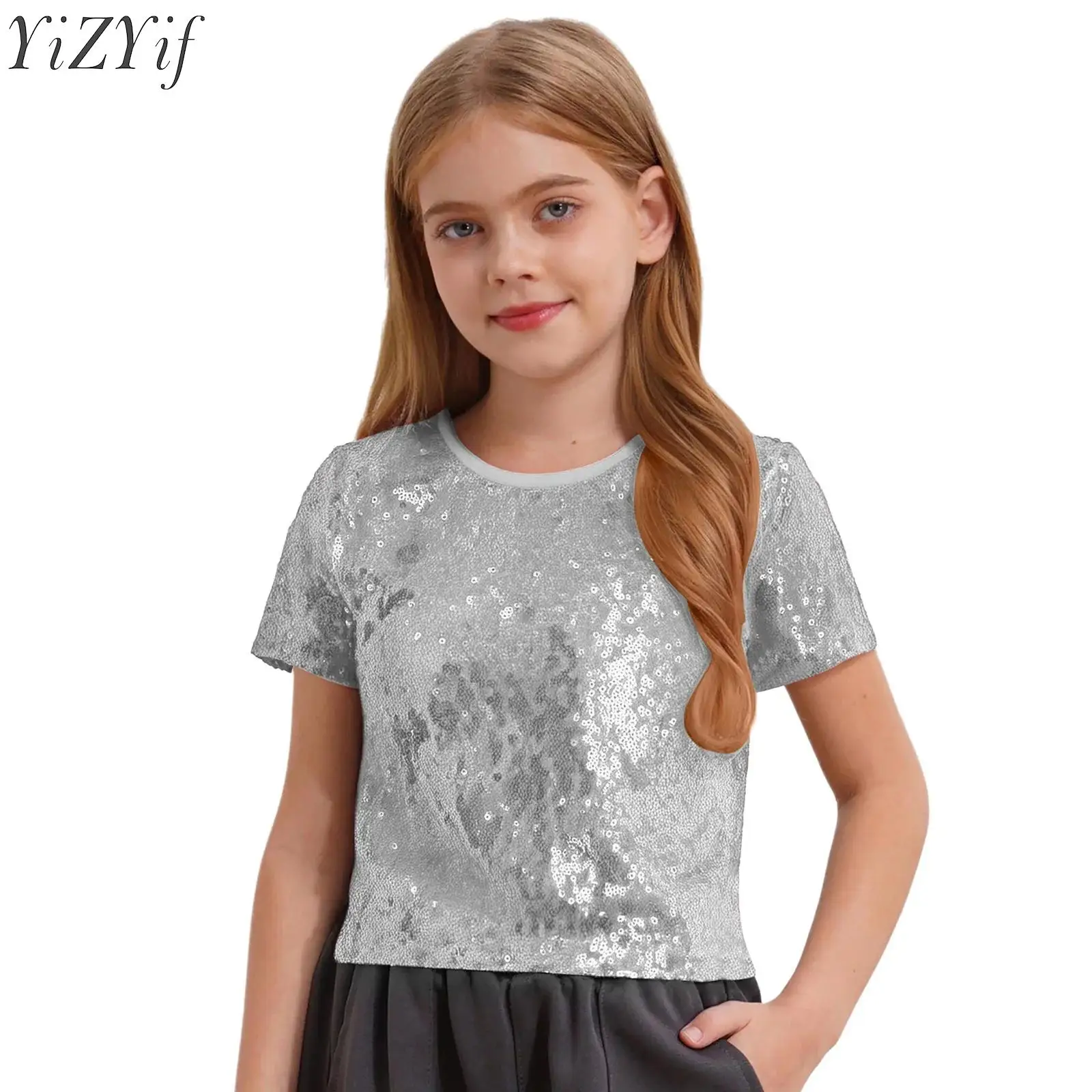 

Kids Girls Jazz Dance Tops Hip Hop Performance Costume Sequins Short Sleeve Summer T-Shirts Teenagers Crop Top Stage Dancewear