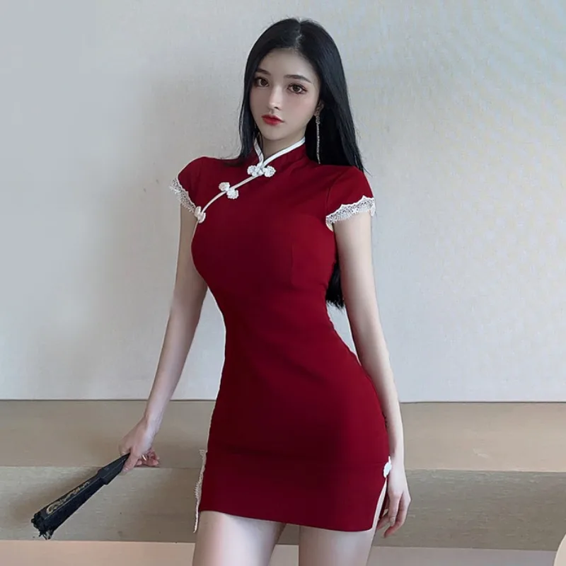 

2colors Women Elegant Retro Qipao Mini Dress Chinese Style Red Cheongsam Fashion Lady Sexy Nightclub Bodycon Vintage Vestidos