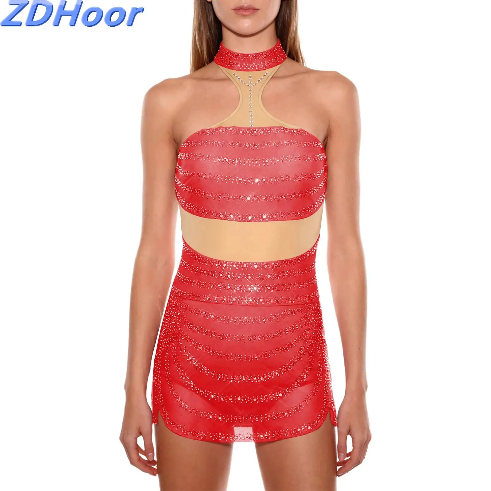 

Womens Latin Dance Leotard Dress Halter Sleeveless Color Blocking Irregular Hem Dress Cha-cha Rumba Dance Costume