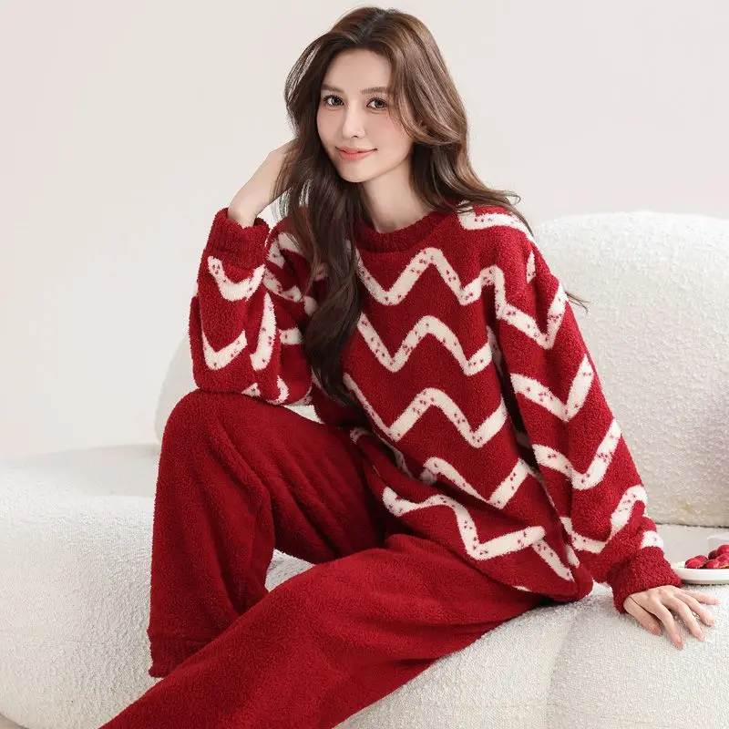 

Winter Women's Pajama Set New Year Red Sleepwear Set Half-Pile Sweet Thicken Keep Warm Nightwear Set Coral Fleece Homewear