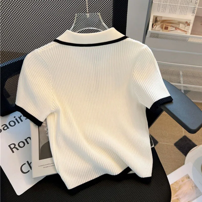 korean turn down collar short sleeve knitwear summer soft knitted t shirt women loose casual soft tees female