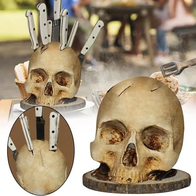 

‌Resin Skull Fork & Knife Holder - Gothic Kitchen Decor, Halloween Table Centerpiece, Black Dining Room Organizer