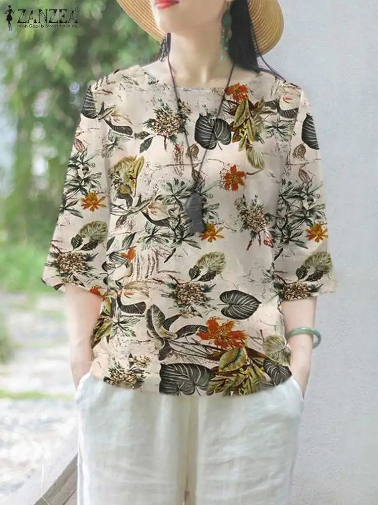 ZANZEA Holiday Cotton Floral Print Blouses Casual Loose 3/4 Sleeve Women Rond Neck Shirts 2023 Summer Everyday Tunic Tops Blusas