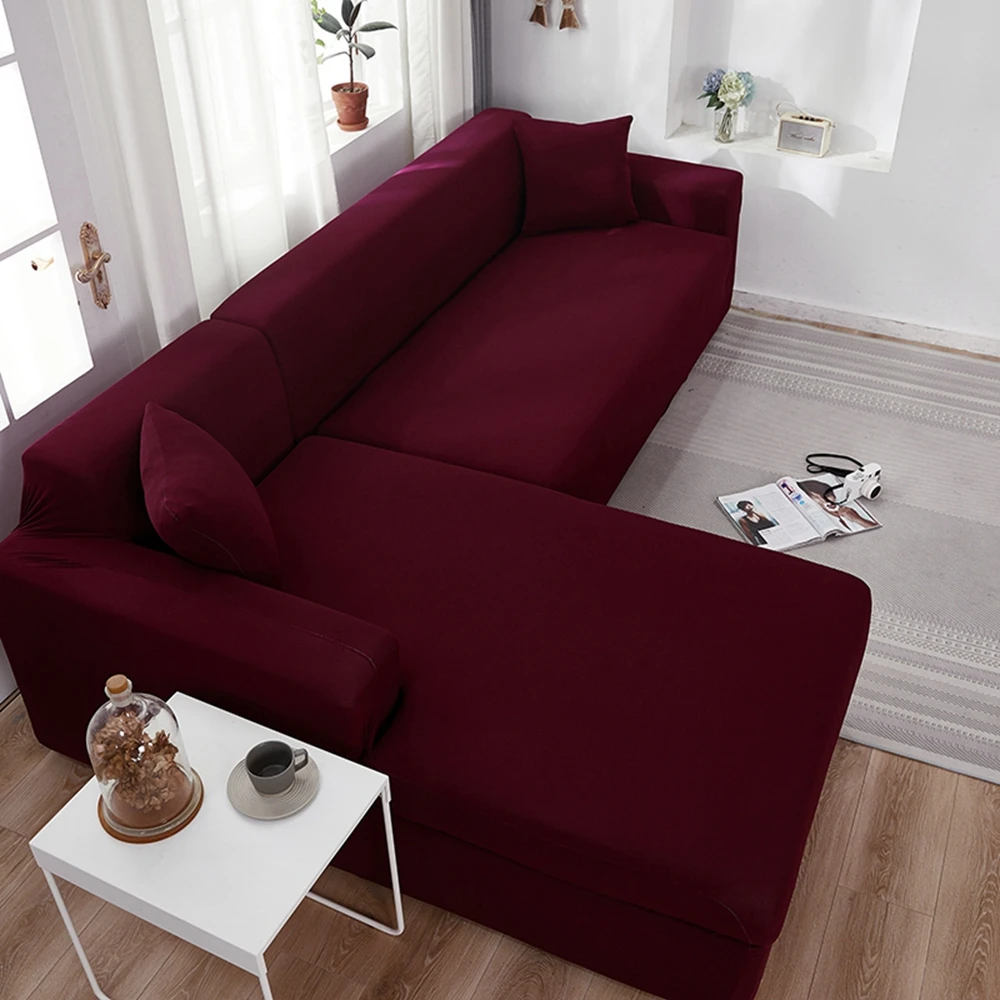 Red Wine Solid Color L Shape Protection Chaise Longue Covers Elastic Corner Sectional Sofa Cover for Living Room 2 3 4 Place