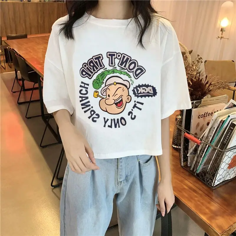 Sommer 2025, schmale Passform, S Sve-T-Shirt für Damen, Cartoon-Druck, reine Farbe, koreanisches Sle, vielseitiges, rundes, hautlanges Oberteil