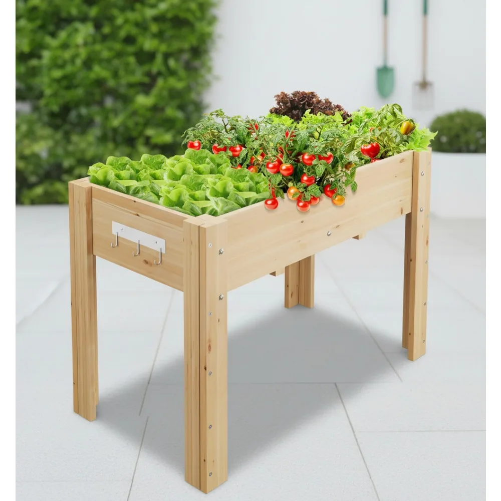 

Elevated Wooden Garden Bed with Legs & Hooks - 4x2.5ft Raised Planter Box for Vegetables Herbs Outdoor Patio Backyard