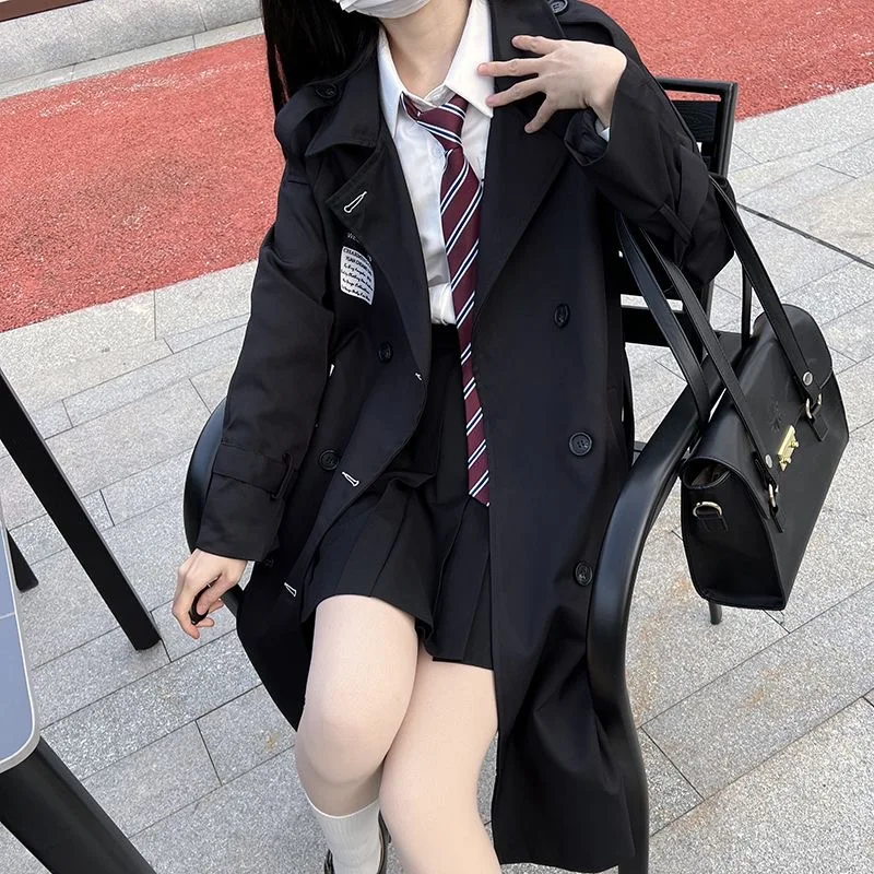 Hepburn Trench Coat Women 2024 Popular Spring Slim Jk School Uniform Academy British Style Casual Mid-long Coat Coat