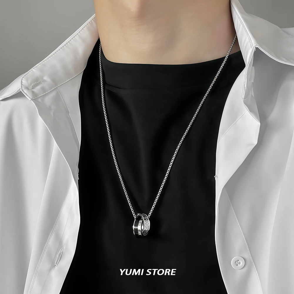 Retro Double Ring Pendant Necklace For Man Woman Luxury Titanium Steel Non Fading Sweater Chain Hip Hop Couple Jewelry Kpop Gift
