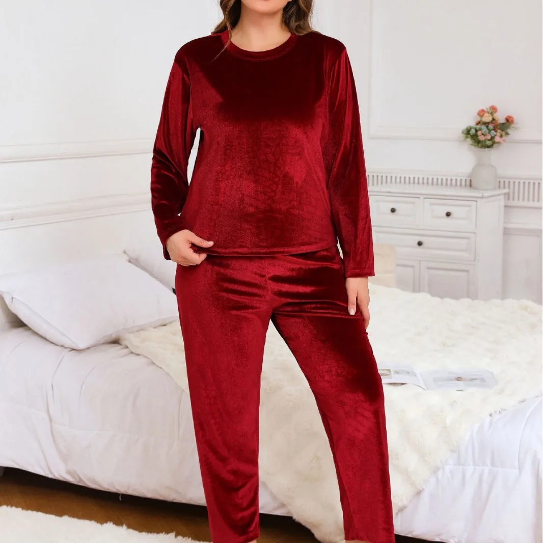 Plus Size 4XL Women Pajama Set Oversized Velvet Sleepwear Women\'s Crewneck Suit Winter Long Sleeves Trousers Warm Loungewear Pjs