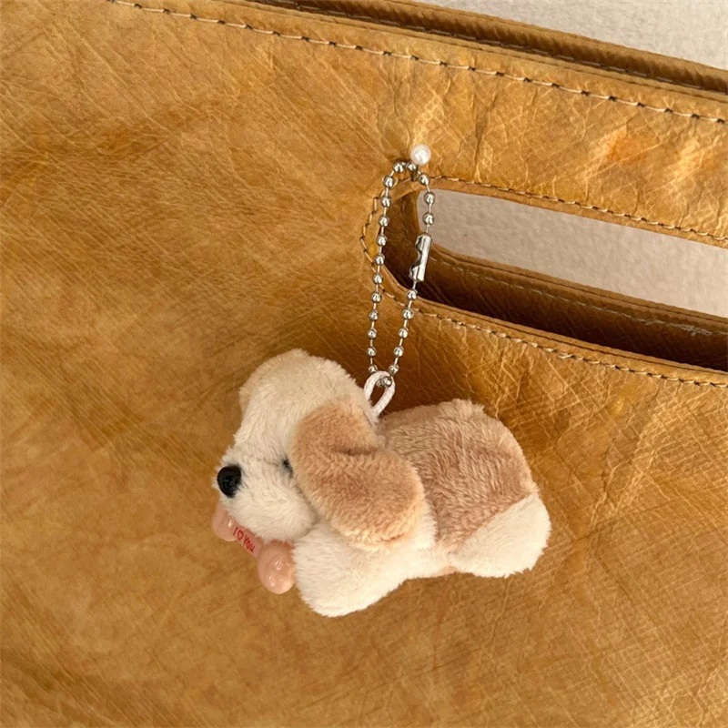 Cute Plush Bone Lying Puppy Dog Doll Keychain Pendant Kids Girls Backpack Bag Hangings Decoration Car Keychain Accessries Gifts