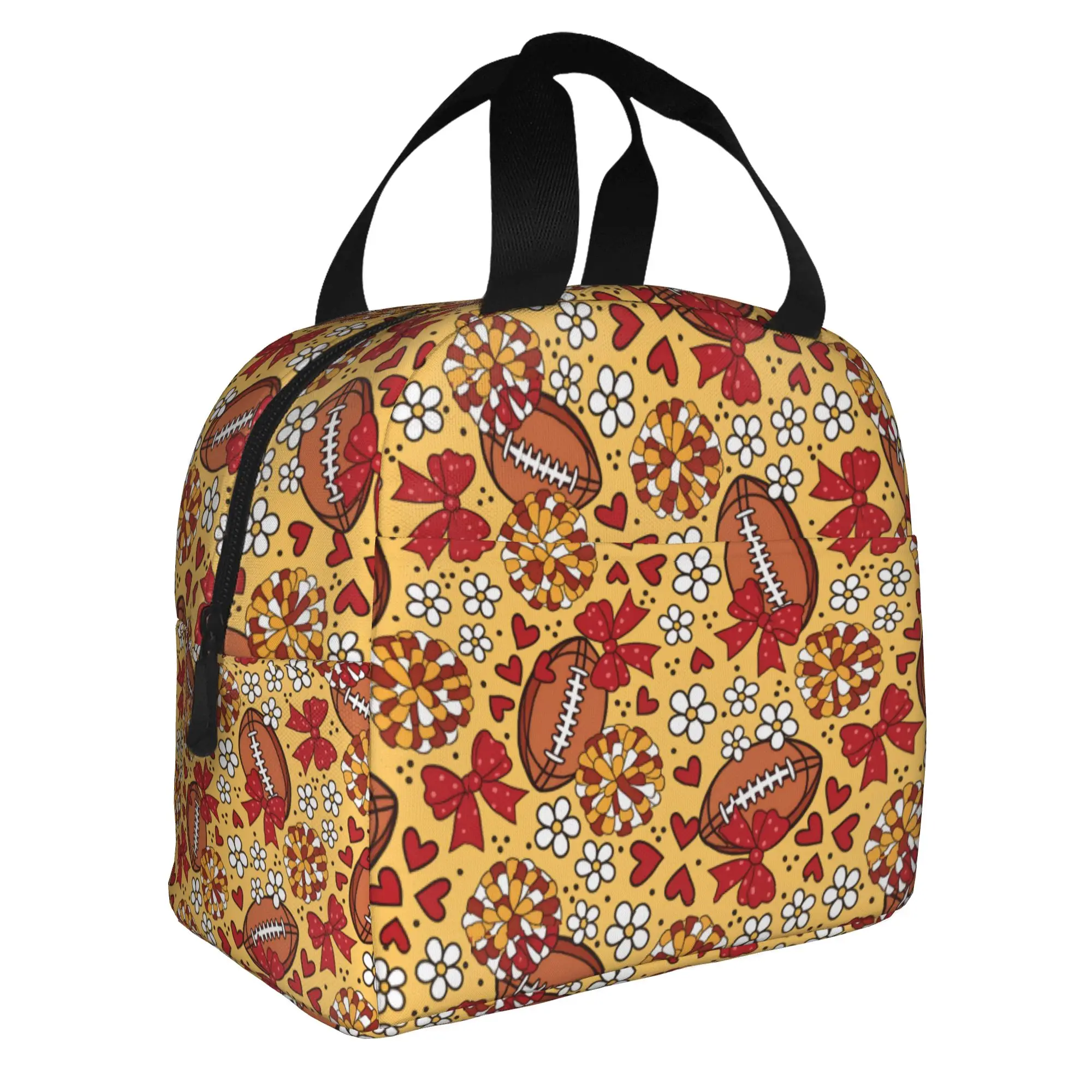 Football Cheer Bows Rugby Union  Insulated Lunch Bag for Work School Yellow Red Resuable Cooler Thermal Bento Box Women Men