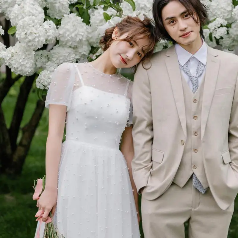 Korean A-line Bride Dress With Pearls White Slim Siple Outdoor Long Dress Super Fairy Simple Wedding Gown Custom Made Customized