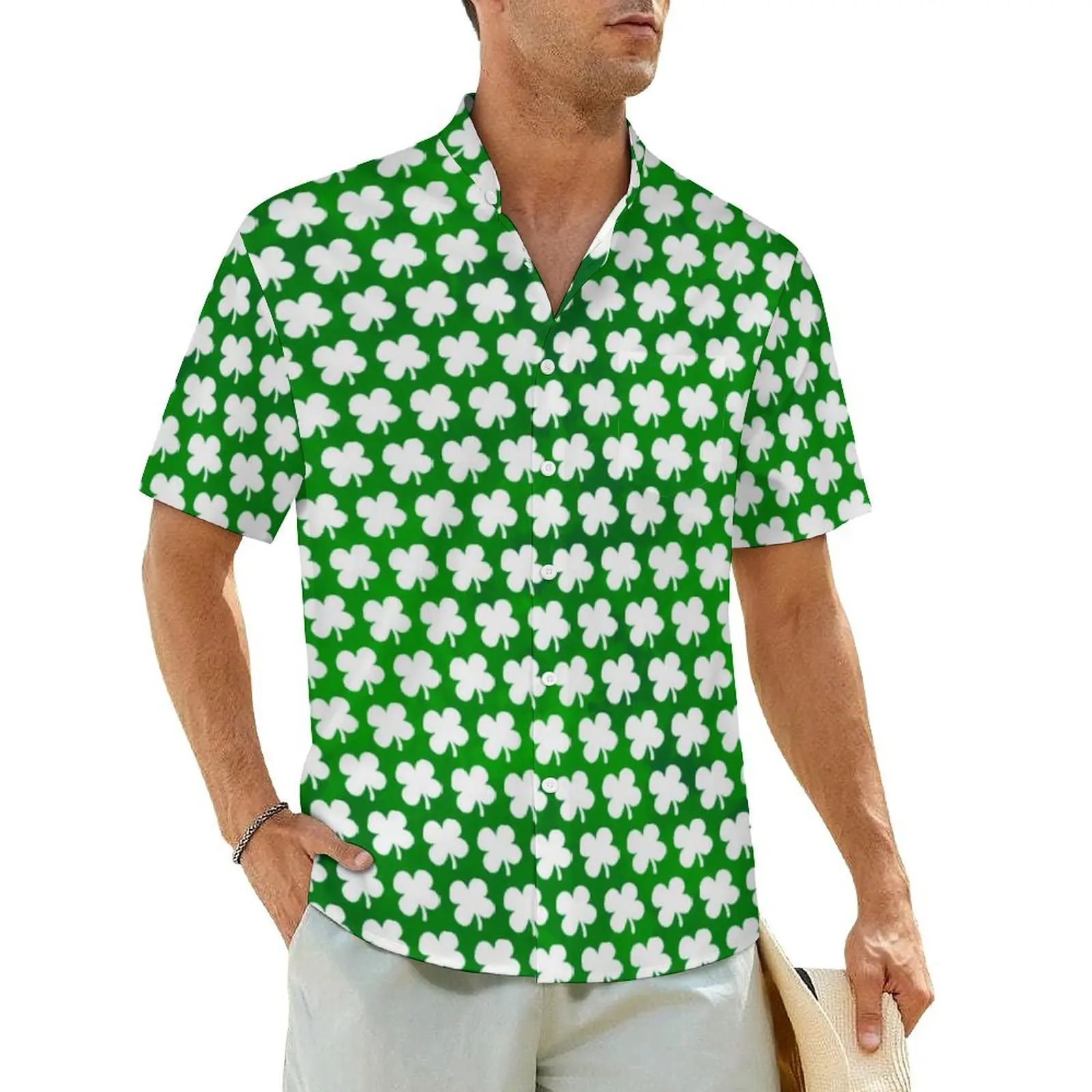 Hawaiian Shirt Beach Shamrock Patricks Day Blouses Four Leaf Clover Trendy Casual Shirts Male Short Sleeve Y2K Oversized Clothes