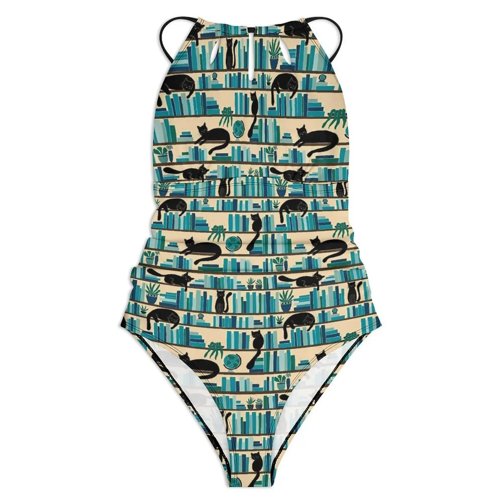 Library Cats Swimsuit Black Kitty Swimwear One-Piece Sport Design Bodysuit Hollow Out Monokini Women Push Up Sexy Beach Wear