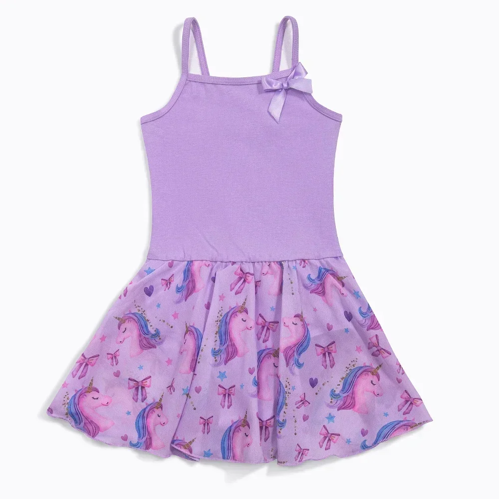 Балетные трико для девочек, танцевальное платье-бретелька с юбкой, тренировочный наряд для балерины с единорогом, без рукавов