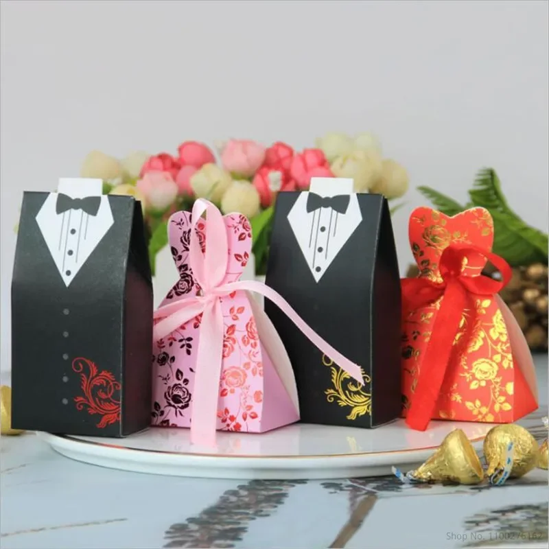 Wedding Favor Candy Box Bride & Groom Dress Tuxedo Party With Ribbon Gifts Bag Souvenirs DIY Wedding Favours Paper Supplies
