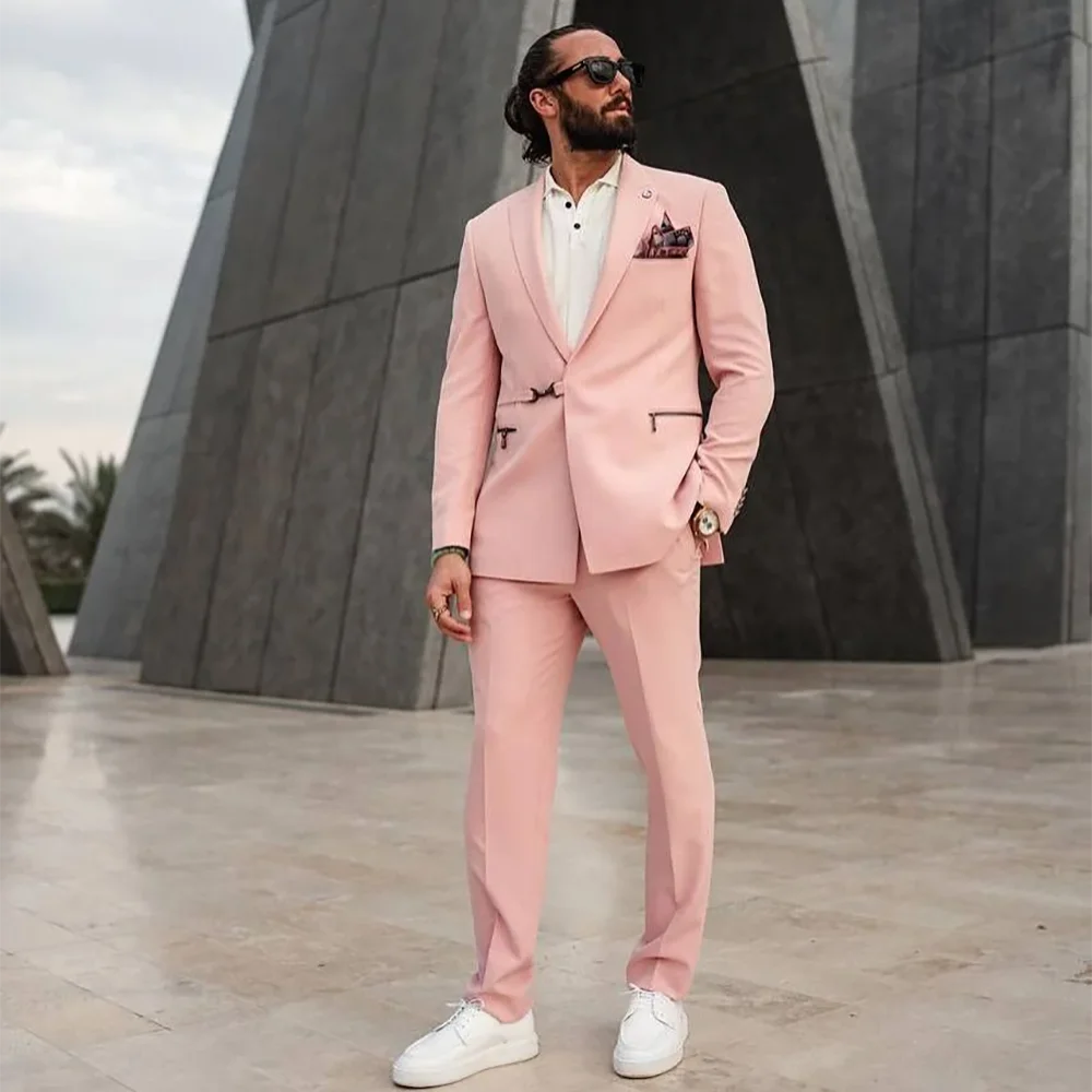 Light Pink Men Suit 2 Pieces Jacket Pants Chic One Button Peak Lapel Slim Fit Wedding Groom Prom Party Business Formal Set