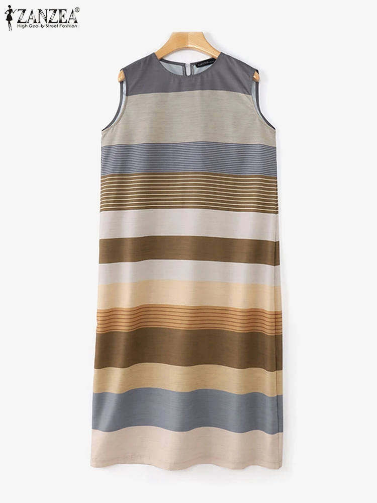 ZANZEA Stijlvolle Vrouwen Mouwloze Lange Jurk 2025, Zomerjurk Kleurblokken Streep Gewaad Casual O Hals Tank Vestido Losse Zonnejurk