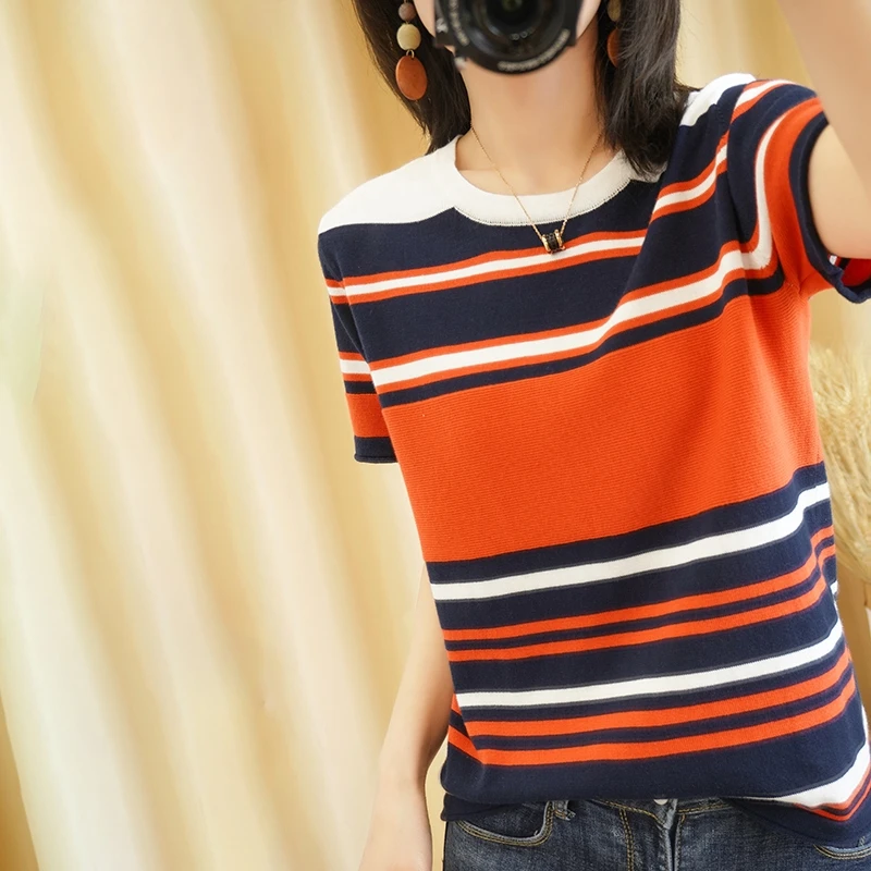 

Women's T-shirt Summer New 100% Cotton Knitted Short Sleeve Casual Stripe Tees Loose Round Neck Tops Fashion Blouse