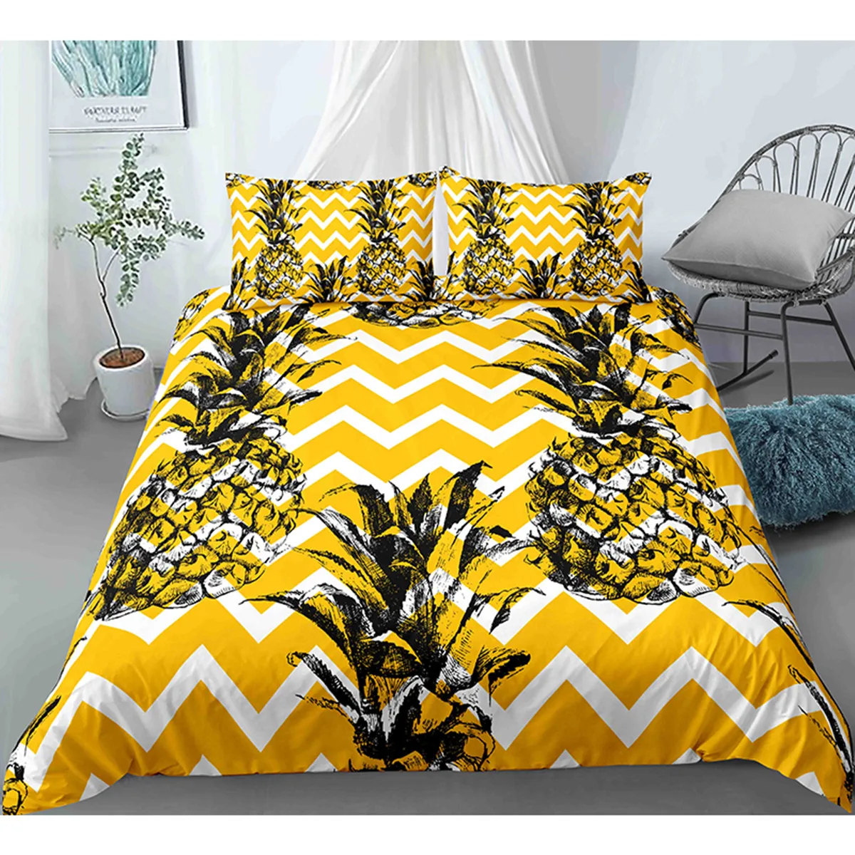 

Fruit Pineapple Duvet Cover Yellow Tropical Fruit Plants Theme for Children Boys Girls Teens for Bedroom Decoration Queen King