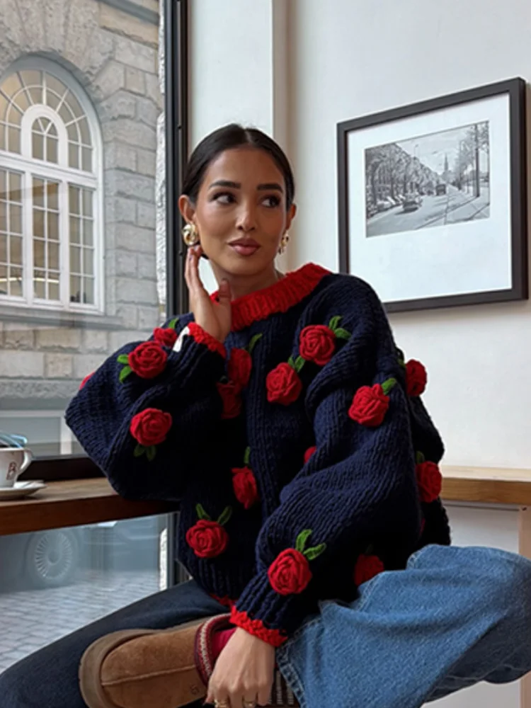 

Женский винтажный повседневный свитер с розовым декором, модный теплый пуловер с круглым вырезом и длинными рукавами, 2026, высококачественные универсальные топы для поездок на работу