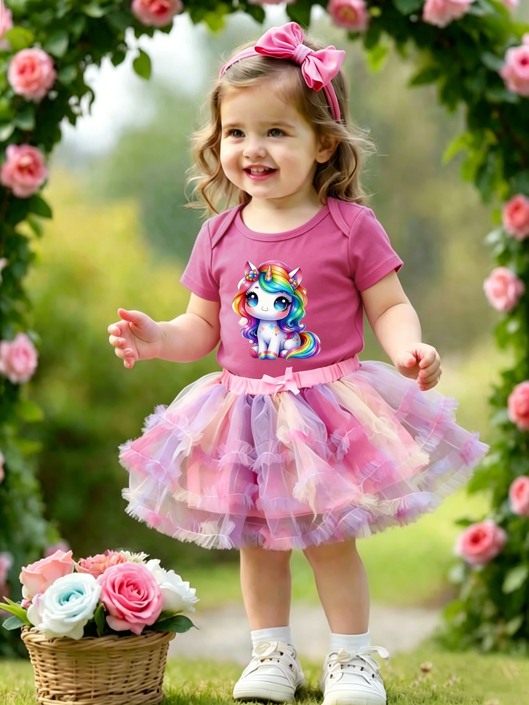 Mädchen-Set mit Einhorn-Print-T-Shirt und Tüll-Tutu-Rock, zweiteilig, Sommer-Neuheit