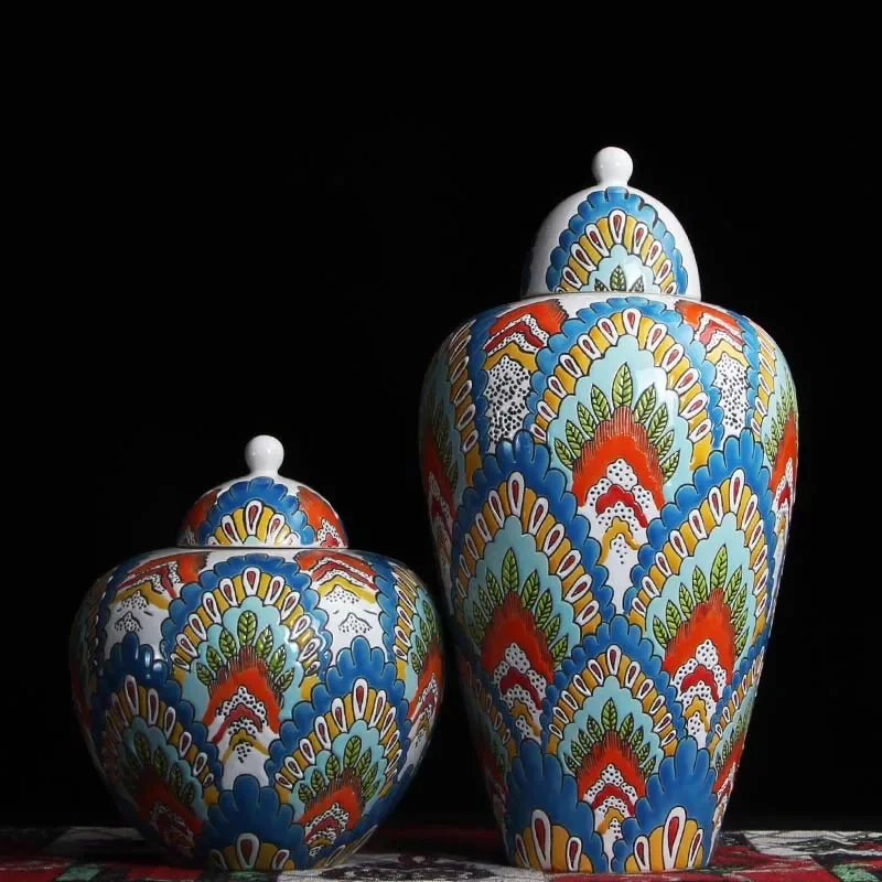 

Bohemia Design Ginger Jar Art Colorful Flower Leaf New Morocco Ginger Jars with Lids Ceramic Vase Ornaments Home Decor Vintage